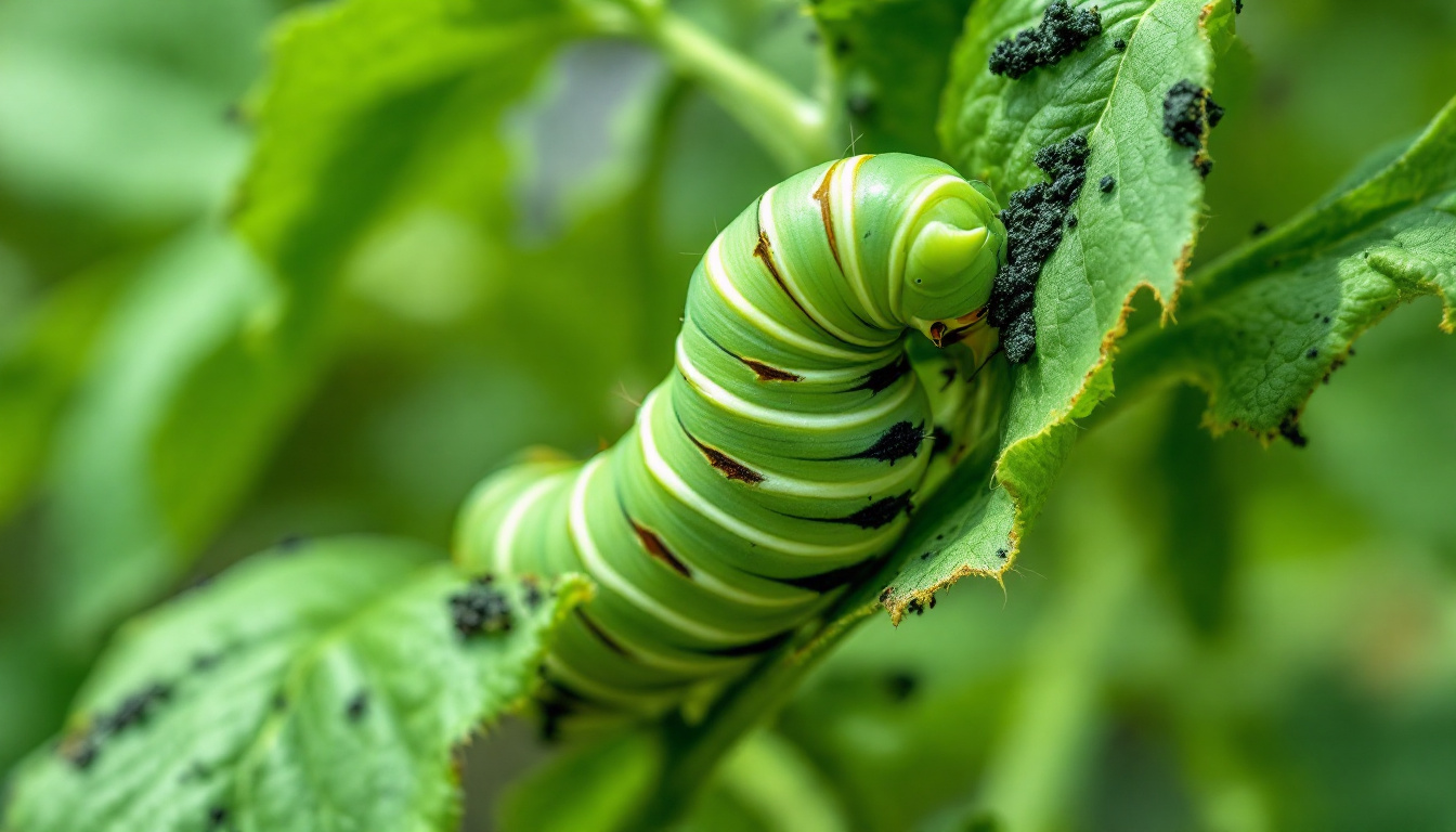 A close-up photograph showcasing a vibrant green tomato hornworm caterpillar clinging to a lush tomato plant. The hornworm is prominently displayed, highlighting its distinctive features: its large size, the characteristic white V-shaped stripes along its body, and the prominent horn-like projection on its rear end. The tomato plant leaves show clear signs of damage, with large sections missing or partially eaten, illustrating the destructive feeding habits of the pest. Dark green droppings, or frass, are visible on the surrounding leaves, further indicating an active infestation. The background is blurred, emphasizing the hornworm and the immediate damage to the plant. The lighting is natural and bright, accentuating the green hues of both the hornworm and the tomato plant, while also casting subtle shadows that add depth and texture to the scene.
