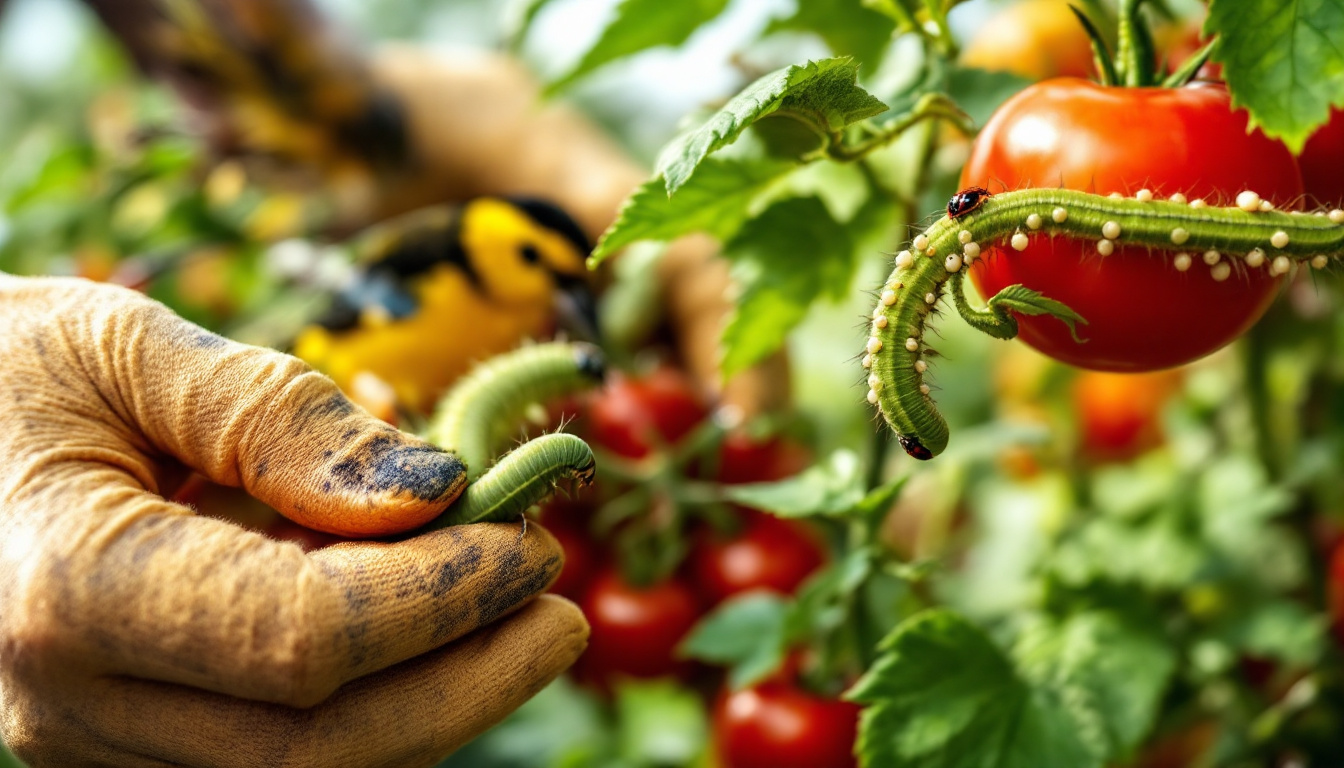 A vibrant vegetable garden scene, focusing on a close-up of a tomato plant heavily infested with tomato hornworms. A gardener wearing gardening gloves is carefully removing a hornworm by hand, while another hornworm is shown with several white parasitic wasp eggs attached to its back. In the background, a ladybug crawls on a leaf, and a bird perches on a nearby branch. A bottle of Bacillus thuringiensis (Bt) spray is visible, partially sprayed on the tomato plants. The overall atmosphere is one of diligent care and natural pest control in action.
