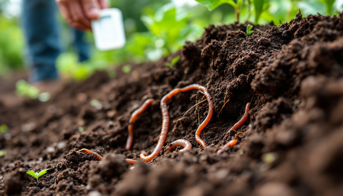 A close-up shot of rich, dark soil teeming with earthworms and visible organic matter, with healthy plant roots intertwined throughout. A hand holding a soil test kit is visible in the background, with a lush garden overflowing with vegetables in the far background.
