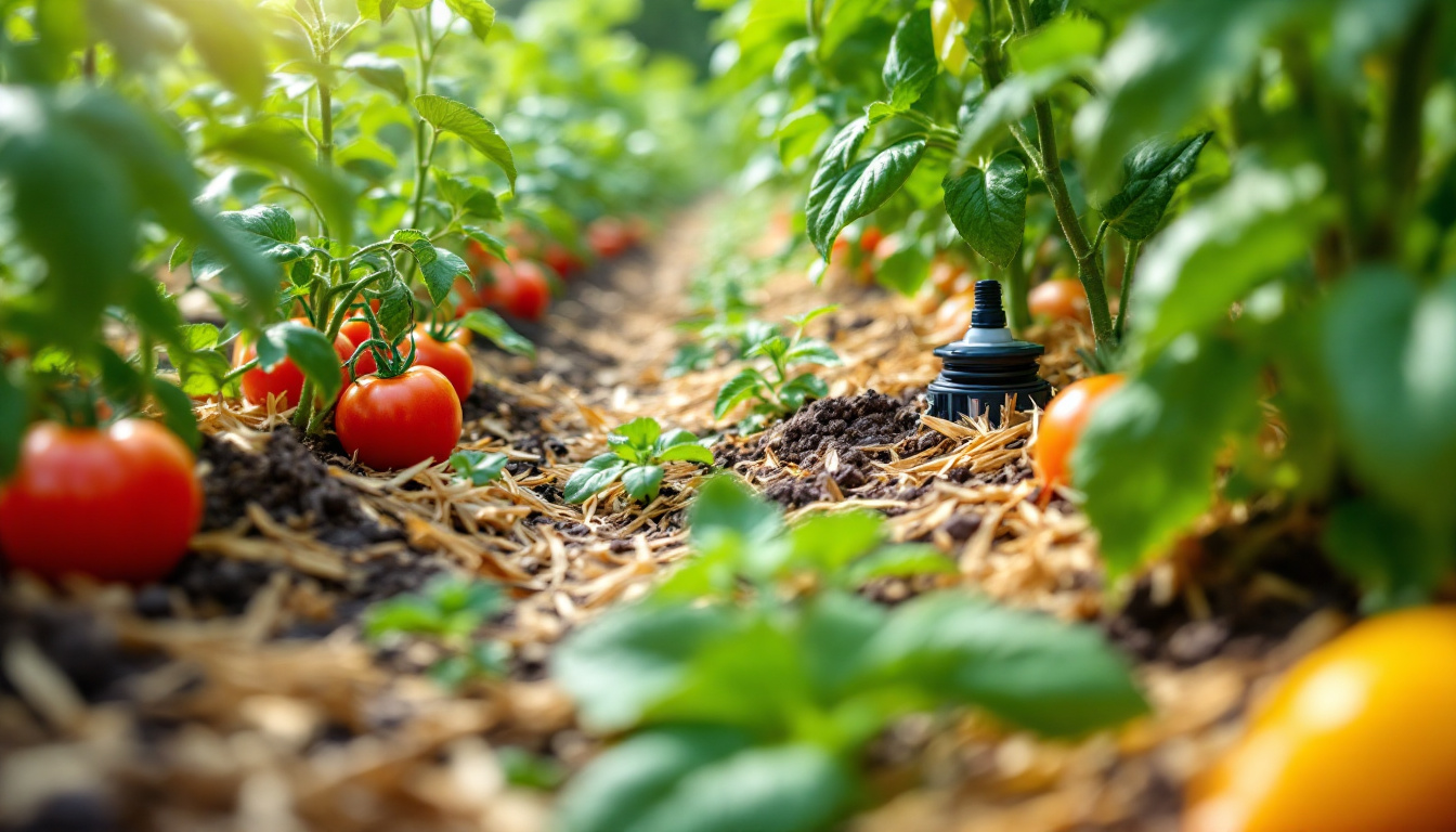 A close-up, eye-level shot of a thriving vegetable garden, showcasing a variety of healthy plants like tomatoes, peppers, and leafy greens. Focus on a section where drip irrigation lines are visible, delivering water directly to the base of the tomato plants. The soil around the plants is covered with a thick layer of straw mulch. The lighting is soft and natural, highlighting the vibrant colors of the vegetables and the texture of the mulch. The overall impression is one of a well-cared-for, water-efficient garden.
