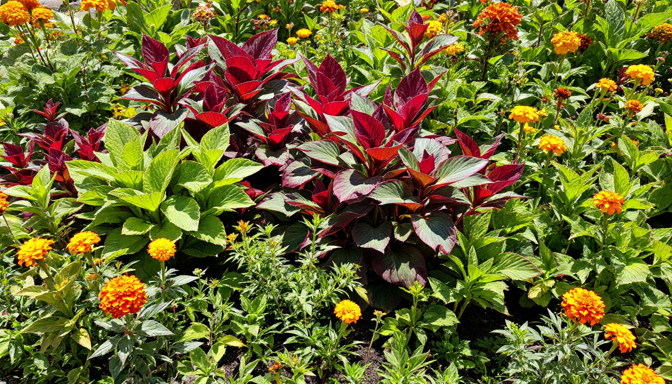 A lush garden scene with vibrant Oro plants in varying shades of green and red, thriving alongside companion plants like marigolds and herbs, all bathed in soft sunlight.
