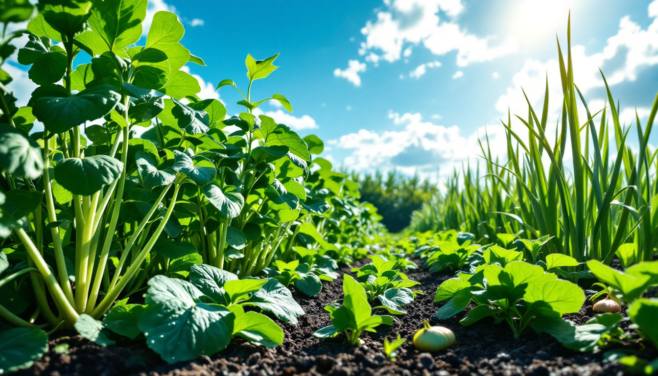 A vibrant vegetable garden scene under a sunny sky, showcasing companion planting with Oro (a leafy green vegetable) as the central focus. Bush beans are planted closely alongside the Oro, their green leaves intermingling, with visible bean pods forming on the vines. Patches of spinach surround the Oro and bush beans, creating a lush, green ground cover. Interspersed throughout the garden bed are rows of onions, their green stalks standing tall. The soil is rich and dark, suggesting healthy nutrients. A gentle breeze rustles the leaves, adding a sense of movement and life to the scene. The overall composition emphasizes the harmonious relationship between these plants, with visual cues like shared sunlight and water droplets on leaves reinforcing the idea of a thriving ecosystem.
