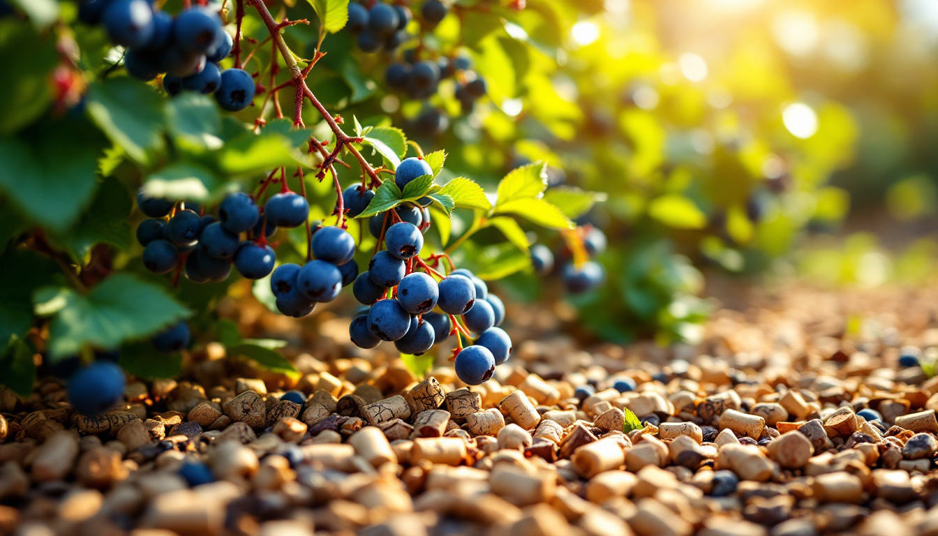 A close-up, slightly high-angle shot of a thriving blueberry bush, its base generously covered with wine cork mulch. The corks are of varying sizes and shades, creating a visually appealing, textured ground cover. Plump, ripe blueberries hang heavily from the branches, showcasing the bush’s health and productivity. Sunlight filters through the leaves, casting dappled shadows on the cork mulch and highlighting the vibrant green foliage. The background is blurred, emphasizing the focus on the blueberry bush and its unique mulch.
