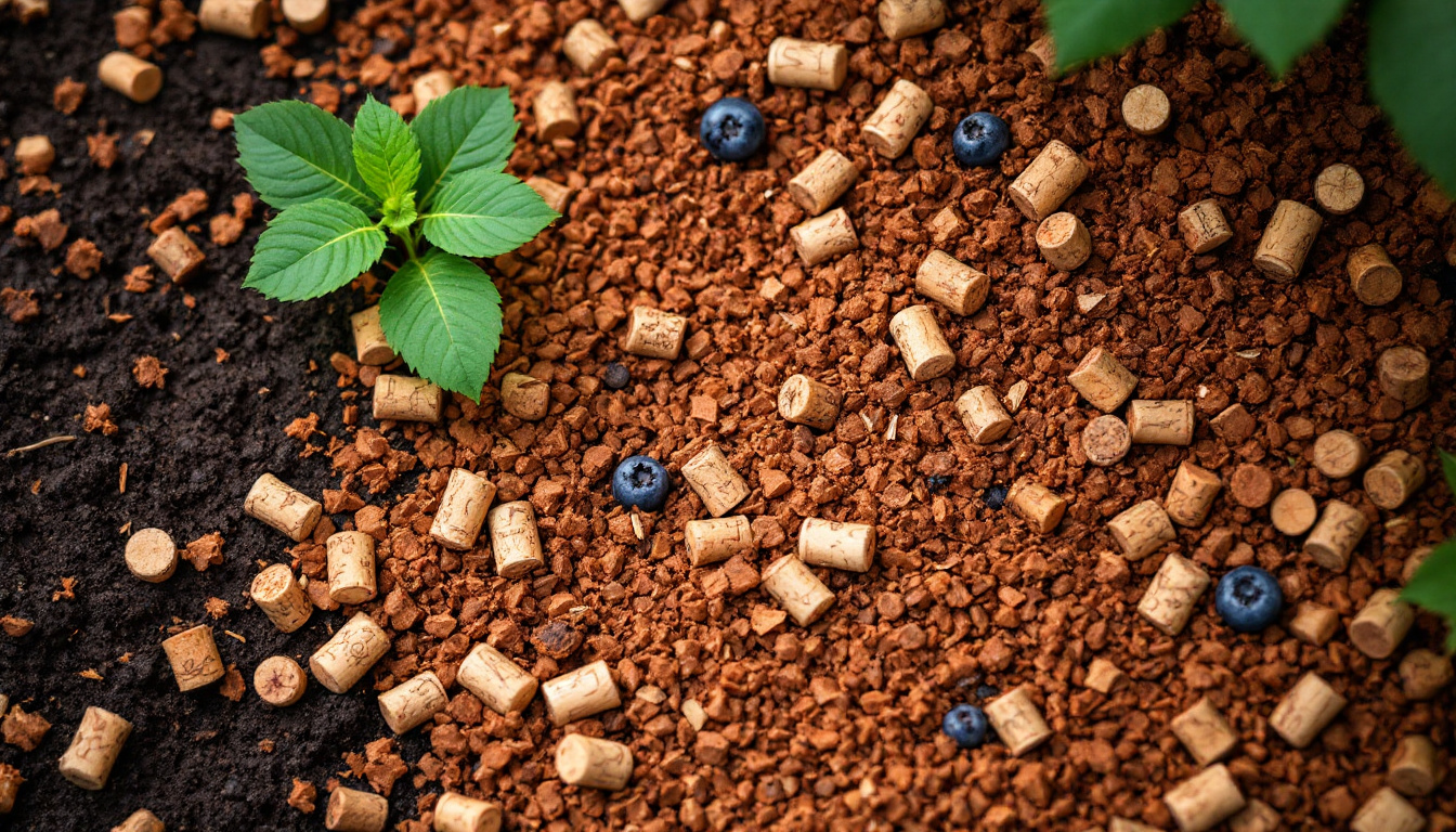 A close-up, slightly overhead shot of the base of a blueberry bush, where the soil is covered with a thick layer of ground wine corks, creating a textured, reddish-brown mulch. The cork pieces vary in size, showing the irregular texture of the ground material. A few green leaves of the blueberry bush are visible, contrasting with the mulch. The soil beneath is dark and moist, suggesting recent watering. The lighting is soft and natural, highlighting the organic texture of the cork and the healthy appearance of the blueberry plant.
