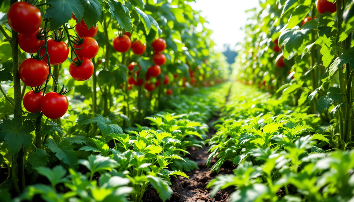 A vibrant vegetable garden scene showcasing companion planting: Tall tomato plants with bright red tomatoes provide shade to rows of lush green asparagus ferns. In the foreground, clumps of parsley and basil grow, interspersed among the asparagus, their leaves a mix of textures and shades of green. Sunlight filters through the tomato foliage, creating dappled shadows on the soil.
