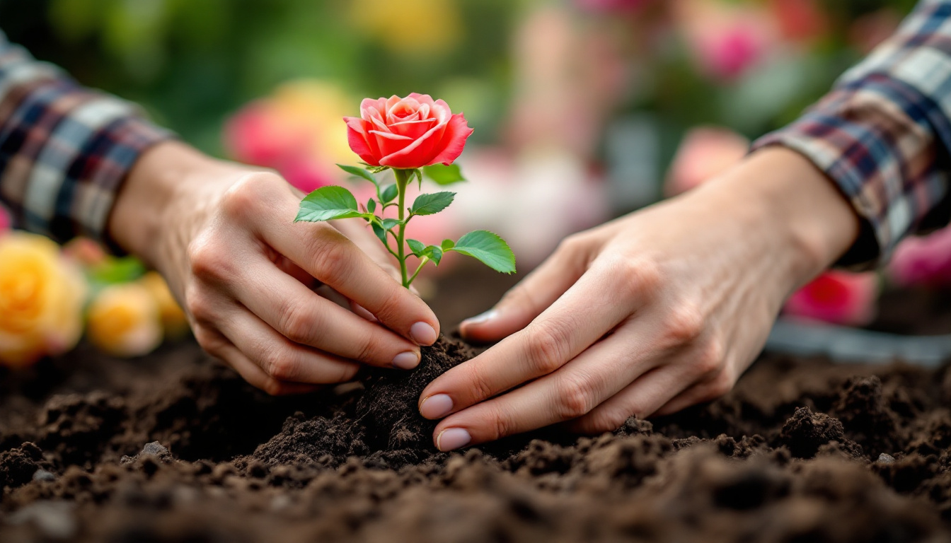 A close-up shot of a person’s hands gently holding a rose seedling, examining its roots before planting it in a garden bed. The background is blurred, showcasing a variety of colorful roses in full bloom, suggesting a thriving rose garden.
