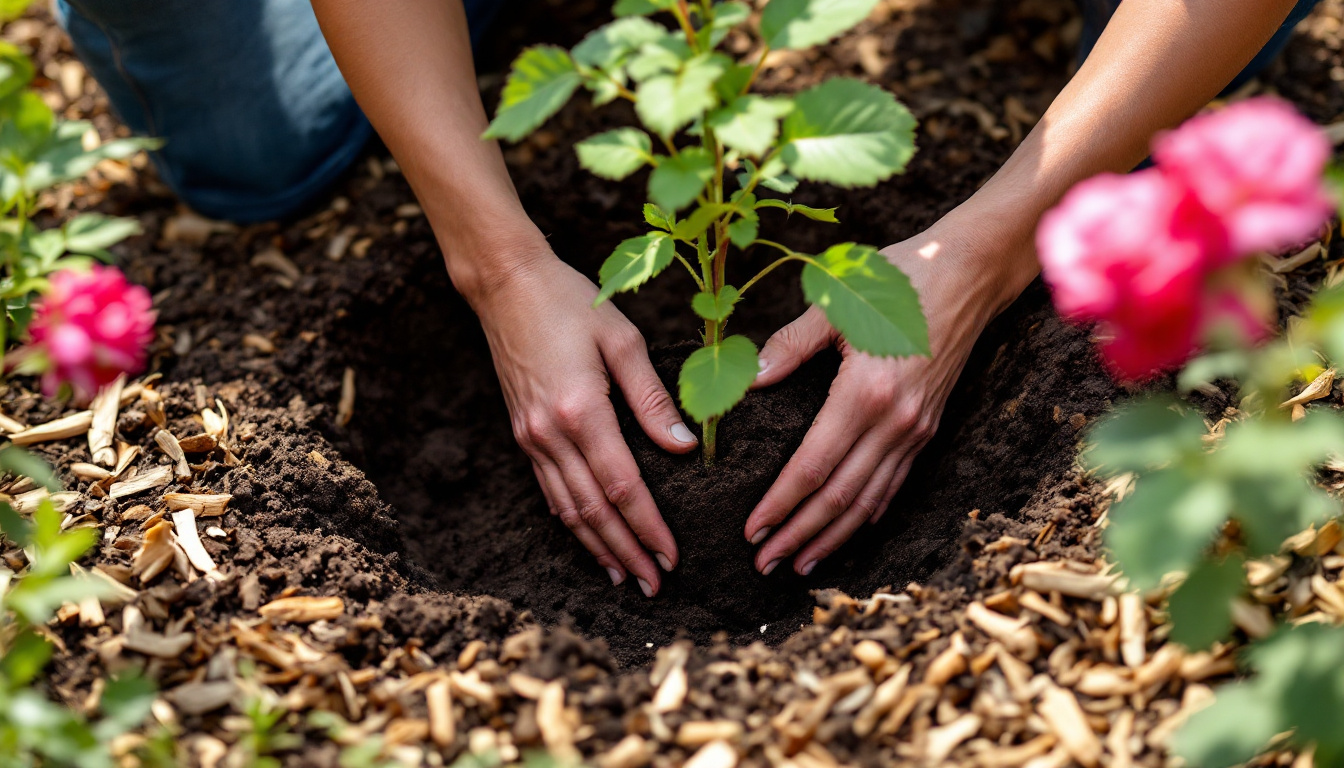 A close-up, slightly overhead shot of hands carefully planting a rose bush in a garden bed. The hands are gently positioning the rose bush in a hole that has been amended with dark, rich compost. The graft union of the rose bush is visible just above the soil line. Around the base of the rose bush, a layer of wood chip mulch has been applied, contrasting with the surrounding garden soil. The scene is set in a sunny garden, with other rose bushes and greenery visible in the soft-focus background.
