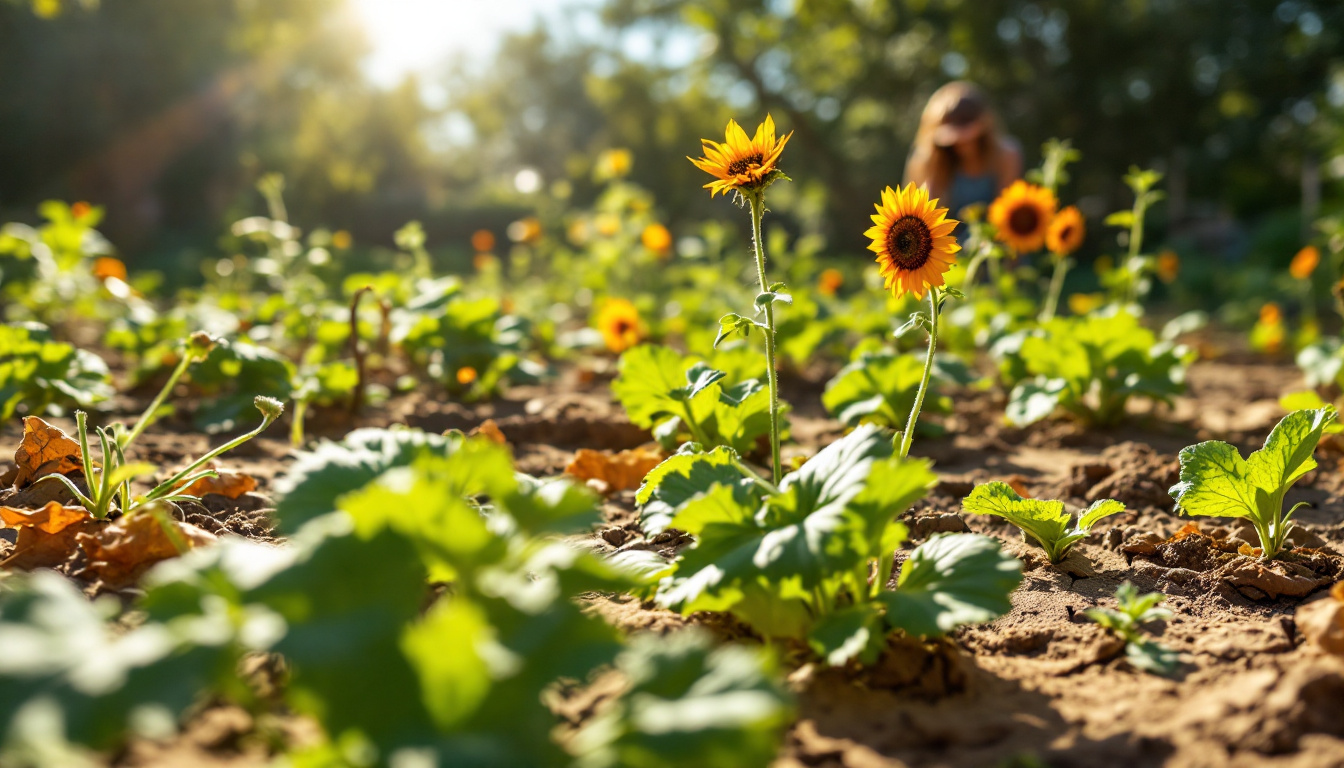 A parched Zone 7 garden under the scorching summer sun, with wilting plants, cracked soil, and a gardener shielding their eyes while tending to a sun-stressed vegetable patch.
