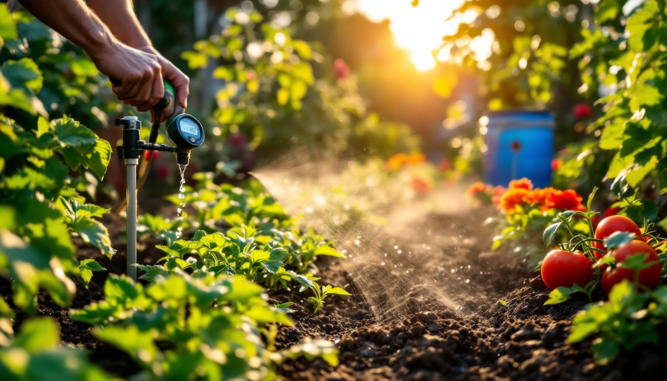 A lush Zone 7 summer garden scene in the early morning, showcasing various effective watering techniques. In the foreground, a gardener uses a drip irrigation system to water rows of vibrant vegetable plants, with water droplets visible near the base of each plant. Adjacent to the vegetable patch, soaker hoses are laid out among flowering plants, gently releasing water into the soil. In the background, a rainwater collection barrel is connected to a hose, demonstrating an eco-friendly watering solution. A moisture meter is inserted into the soil near a tomato plant, displaying a reading. The sun is low in the sky, casting a warm, golden light across the garden, highlighting the healthy, thriving plants.
