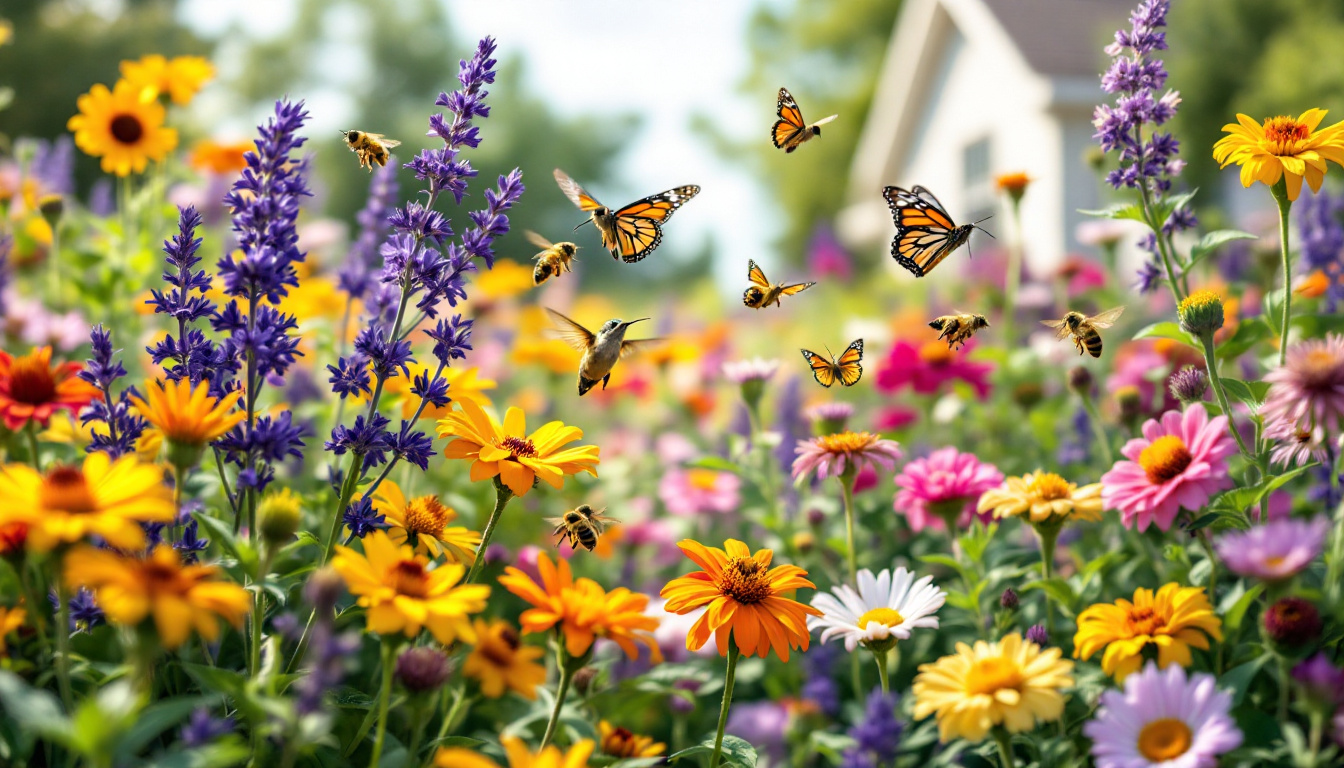 A vibrant pollinator-friendly garden teeming with life. Colorful wildflowers of various shapes and sizes are in full bloom, attracting a diverse array of pollinators. Honeybees buzz busily around lavender bushes, their legs dusted with golden pollen. Brightly colored butterflies, including monarchs and swallowtails, flutter gracefully between coneflowers and zinnias. A hummingbird hovers delicately, sipping nectar from a trumpet vine. The garden is lush and overflowing with greenery, creating a welcoming habitat for these essential creatures. In the background, a glimpse of a suburban house suggests this is a backyard garden, emphasizing the role individuals can play in supporting pollinator populations. The overall atmosphere is one of vibrant health, showcasing the positive impact of creating pollinator-friendly spaces.
