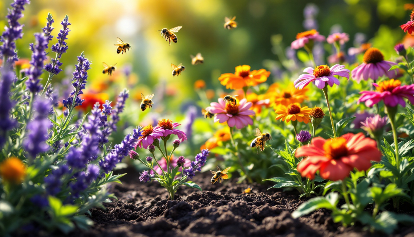 A vibrant pollinator garden bursting with life. Lavender, zinnias, and coneflowers in full bloom, attracting a flurry of bees and butterflies. Sunlight bathes the scene, highlighting the rich colors and textures of the plants. The soil is dark and fertile, providing a healthy foundation for the thriving ecosystem.
