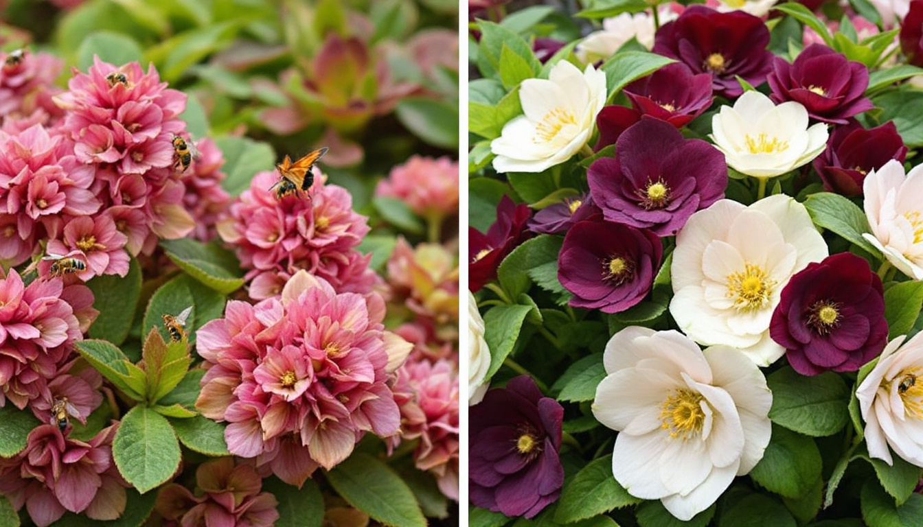 A close-up, eye-level photograph showcasing two perennial plants: Sedum Autumn Joy and Hellebores. On the left, Sedum Autumn Joy is depicted with its fleshy, succulent-like leaves and clusters of pink flowers that transition into a rusty red hue. Several bees and butterflies are seen gently landing on the flower clusters, highlighting their attractiveness to pollinators. On the right, Hellebores are featured with their elegant, cup-shaped flowers in varying shades of deep purple, burgundy, delicate white, and soft pink. The Hellebores are nestled amongst lush green foliage, indicating their preference for shaded environments. The background is slightly blurred, emphasizing the textures and colors of the plants while creating a sense of depth. The lighting is soft and natural, enhancing the vibrancy of the flower colors and the overall beauty of the garden scene.
