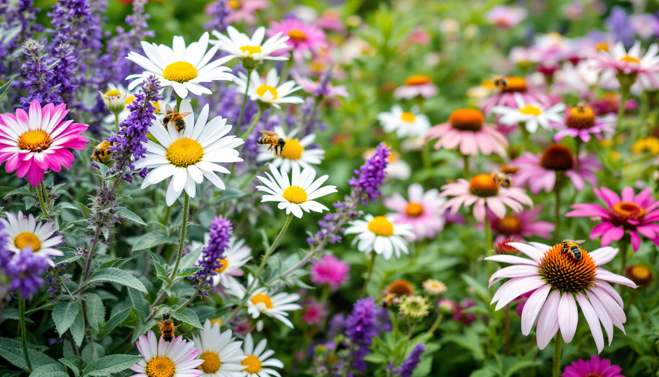 A vibrant garden scene showcasing three budget-friendly perennials: Shasta Daisies with bright white petals and yellow centers, Russian Sage with lavender-purple flowers and silvery foliage, and Coneflowers in shades of pink, purple, and white. Bees and butterflies are actively pollinating the flowers, creating a lively and colorful display.
