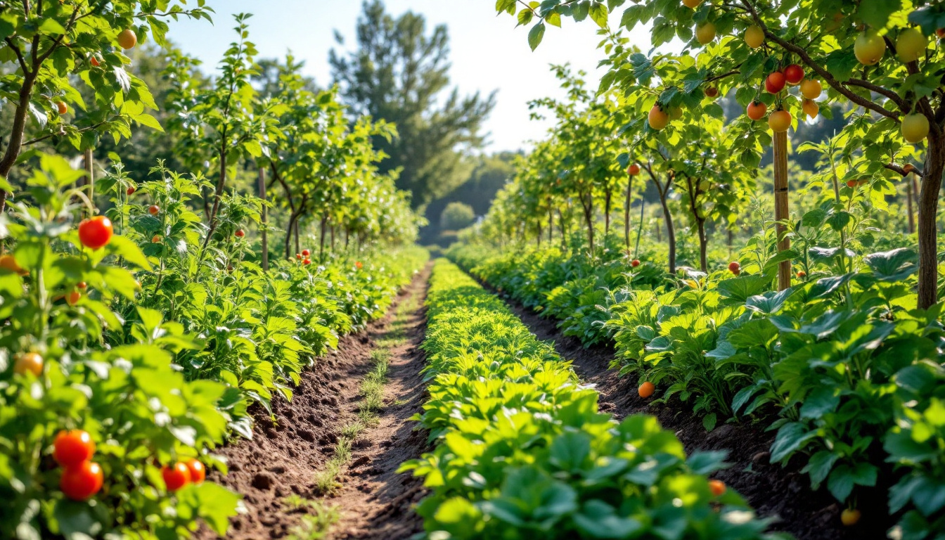 A lush vegetable garden in USDA Zone 7 during springtime, featuring rows of young tomato plants, pepper seedlings, and various squash varieties thriving under the gentle sun, with leafy greens like lettuce and spinach filling nearby plots, and root vegetables like carrots and beets peeking through the soil, complemented by berry bushes laden with budding blueberries and raspberries, alongside strawberry plants displaying promising fruit, and framed by young apple and pear trees adding a touch of orchard elegance to the scene.
