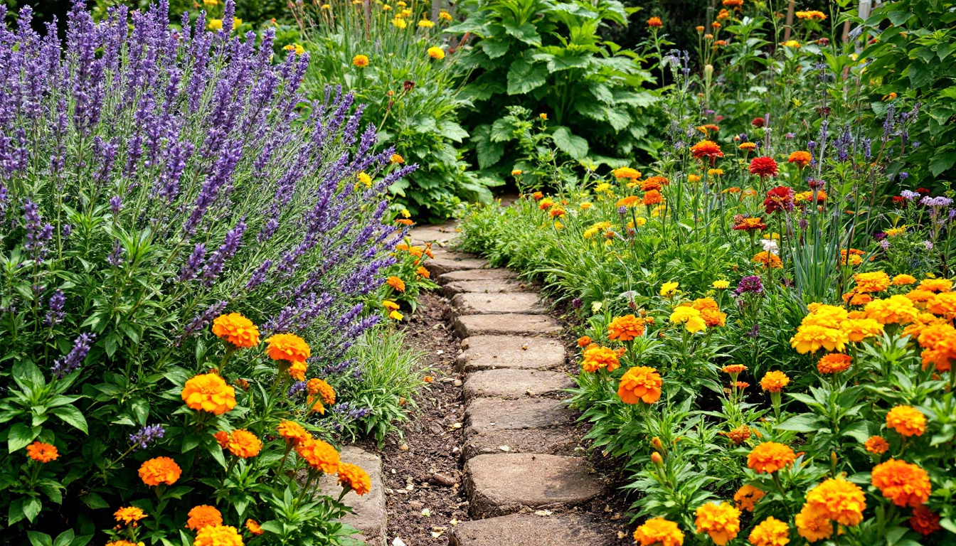 A vibrant Zone 7 garden scene showcasing companion planting and natural pest control strategies. Lavender bushes with purple flowers are planted near a vegetable patch, deterring moths and mosquitoes. Bright orange and yellow marigolds surround tomato plants, protecting their roots from nematodes. Basil plants grow alongside the tomatoes, enhancing their flavor and repelling insects. Garlic is planted at the base of fruit trees to ward off borers. Nasturtiums with their bright flowers act as a trap crop, attracting aphids away from other vegetables. Chives are interspersed among carrots and tomatoes, repelling carrot flies and promoting growth. The garden is lush and thriving, demonstrating a balanced and pest-resistant ecosystem.
