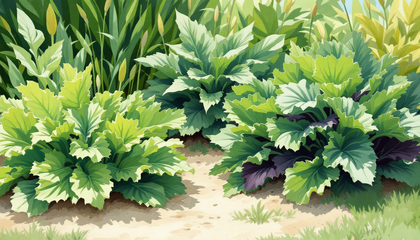 A digital painting of a lush garden scene featuring uncommon leafy greens. In the foreground, vibrant sea kale plants with broad, textured leaves thrive in a slightly sandy soil, suggesting a coastal environment. Behind them, Good King Henry plants display their arrow-shaped leaves, interspersed with developing seed heads. The overall color palette is dominated by various shades of green, accented by the pale hues of the sandy soil and the subtle purples in the sea kale leaves. The style is reminiscent of classic botanical illustrations, with a modern, painterly touch that emphasizes the textures and unique characteristics of each plant. Sunlight filters through the leaves, creating dappled shadows and highlighting the freshness of the greens.
