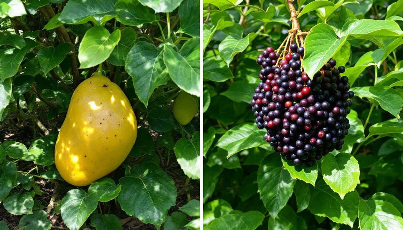 A vibrant display of unusual temperate fruits in a lush garden setting, showcasing the pawpaw with its tropical-like appearance, nestled among the foliage of a small tree in the shaded understory, and the jostaberry, a cluster of dark berries hanging from a vigorous, healthy bush, with dappled sunlight filtering through the leaves, highlighting the unique textures and colors of these uncommon fruits.
