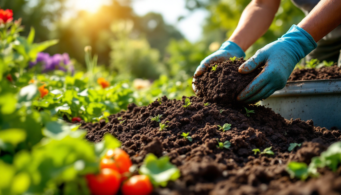 A lush garden teeming with vegetables and flowers, nourished by rich, dark compost being spread by gloved hands, with a compost bin overflowing with green and brown organic matter in the background, all under a bright, sunny sky.
