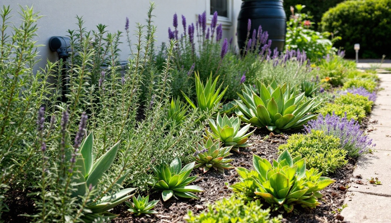 A vibrant, drought-resistant garden featuring succulents, rosemary, and lavender, thriving beside a house with a rain barrel collecting water from the roof; a drip irrigation system snakes through the garden, delivering water directly to the roots of the plants, illustrating efficient water usage and sustainable gardening practices.
