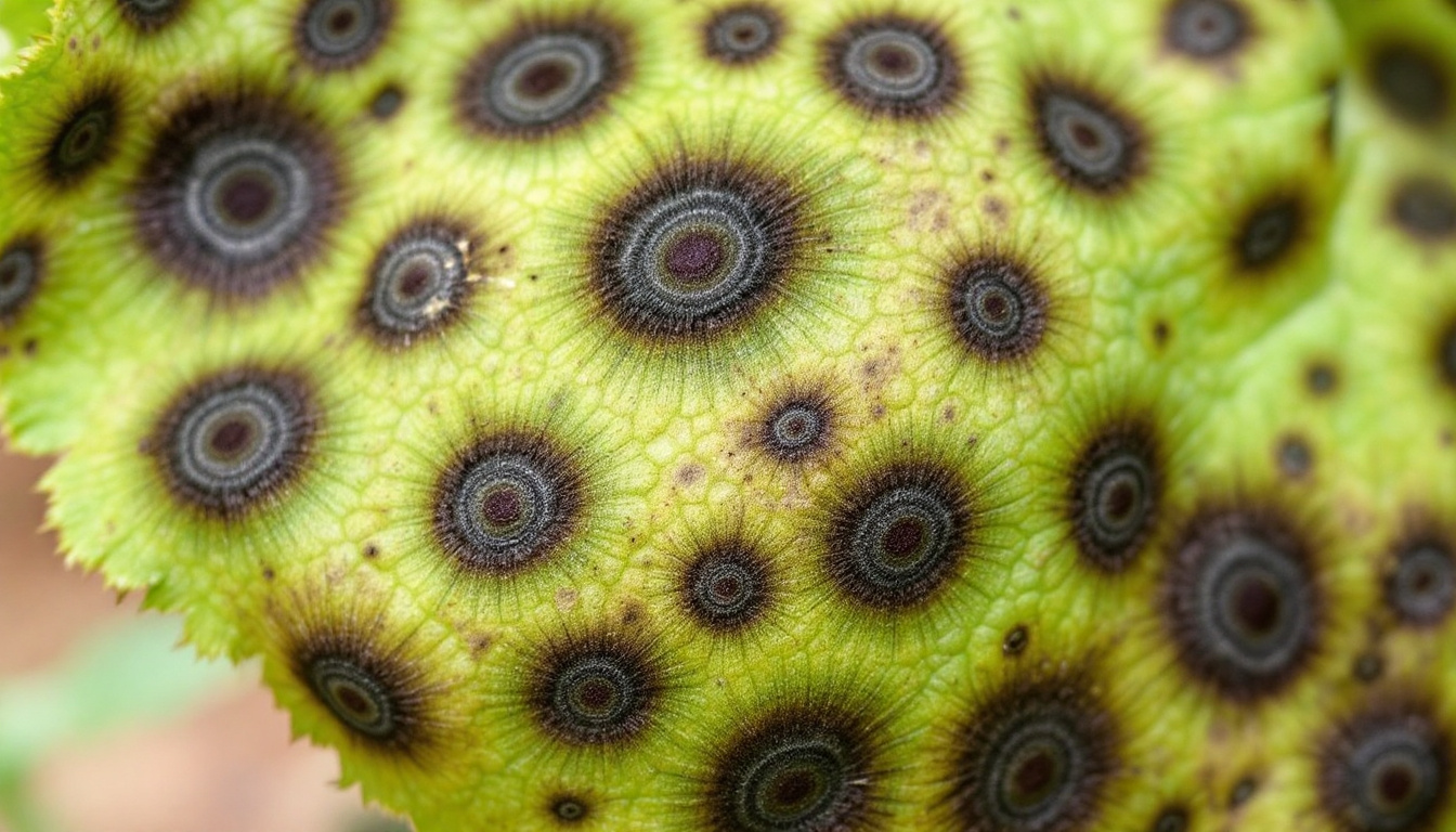 A close-up shot of a tomato plant leaf heavily infected with early blight. The leaf displays numerous dark brown and black spots, each exhibiting distinctive concentric rings resembling a target or bullseye pattern. The surrounding tissue of the leaf is yellowing, indicating the plant’s stress. The background is slightly blurred, focusing attention on the diseased leaf and highlighting the characteristic symptoms of early tomato blight.
