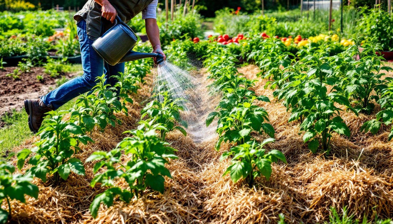 A vibrant vegetable garden scene showcasing preventative measures against early tomato blight. In the foreground, thriving tomato plants are neatly arranged with ample spacing, allowing for good air circulation. The base of each plant is surrounded by a thick layer of straw mulch, preventing soil splash. A gardener is carefully watering the plants at the base with a watering can, avoiding wetting the foliage. In the background, different sections of the garden display crop rotation with various vegetables planted in alternating rows. The overall atmosphere is one of diligent care and healthy growth, emphasizing the effectiveness of proactive gardening practices.
