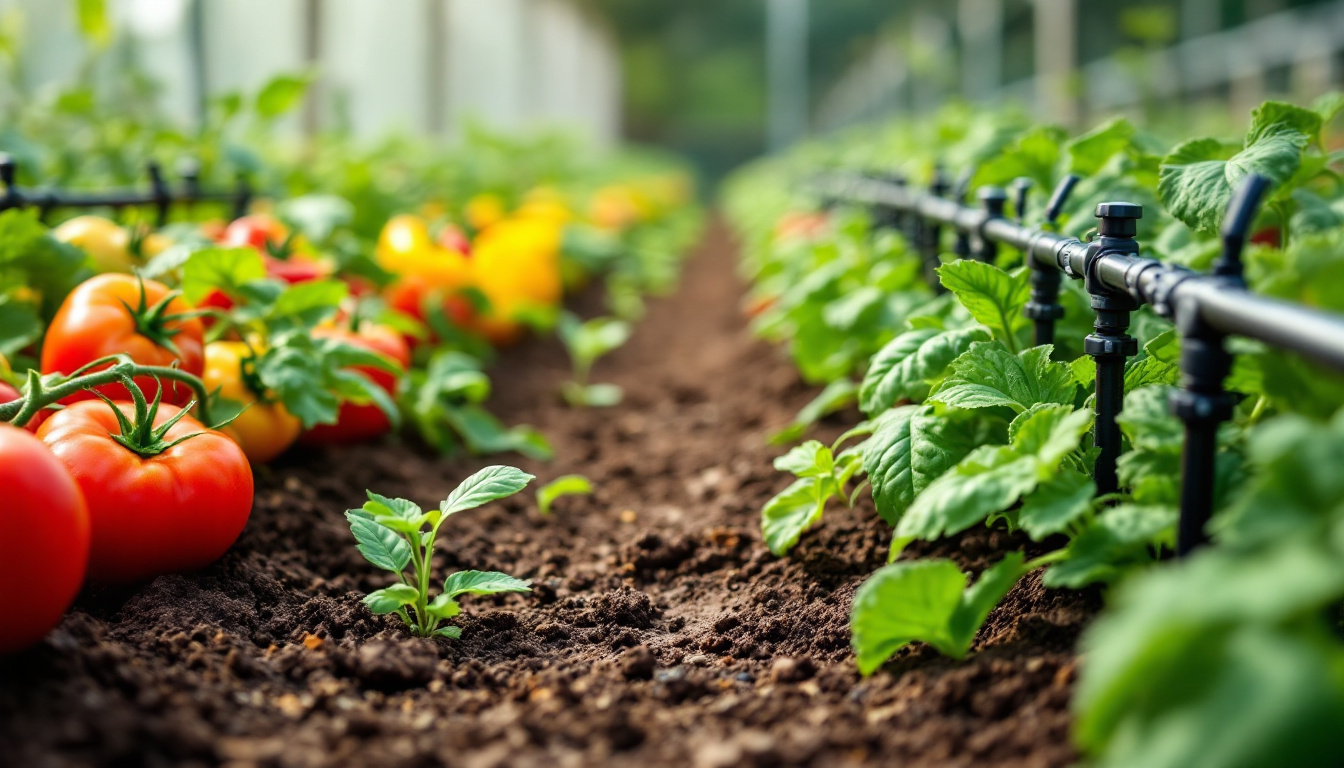 A lush vegetable garden thrives under the gentle care of a drip irrigation system, showcasing vibrant rows of tomatoes, peppers, and leafy greens, each plant connected to a network of dark tubing with small emitters delivering water directly to the base, highlighting the efficiency and precision of the system.
