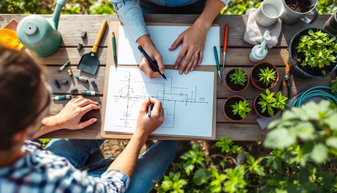 Overhead shot of a person sketching a garden plan on paper, surrounded by gardening tools, drip irrigation components (tubing, emitters), a watering can, and various plant seedlings in small pots, all arranged on a wooden table in a sunlit garden setting.
