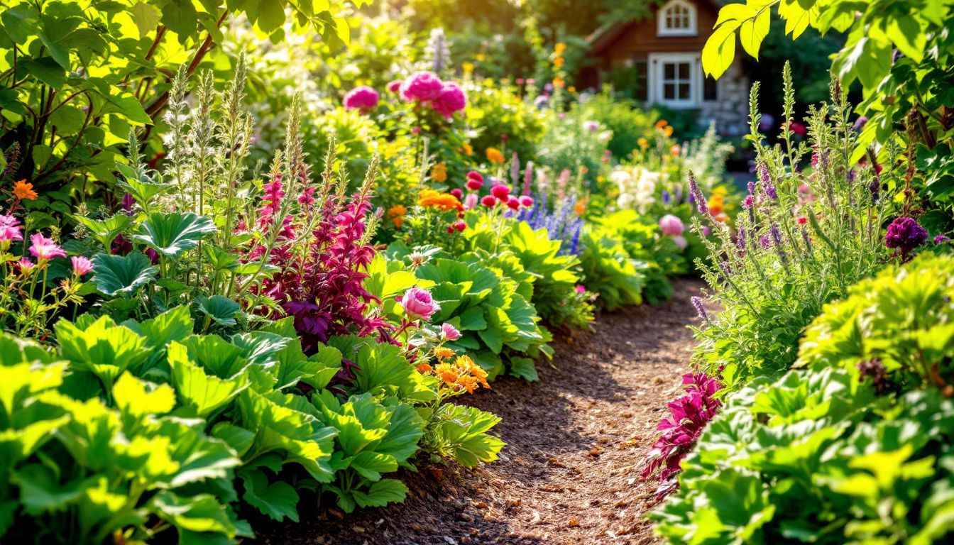 A lush, thriving perennial vegetable garden bathed in warm sunlight. Various shades of green foliage fill the frame, showcasing different textures and shapes of perennial vegetables like asparagus, rhubarb, and artichokes. Interspersed among the vegetables are colorful flowers, attracting bees and butterflies. The soil is rich and dark, with a light layer of mulch. In the background, a quaint cottage with a stone wall adds a touch of rustic charm. The overall scene conveys abundance, sustainability, and the beauty of a well-established, low-maintenance garden.
