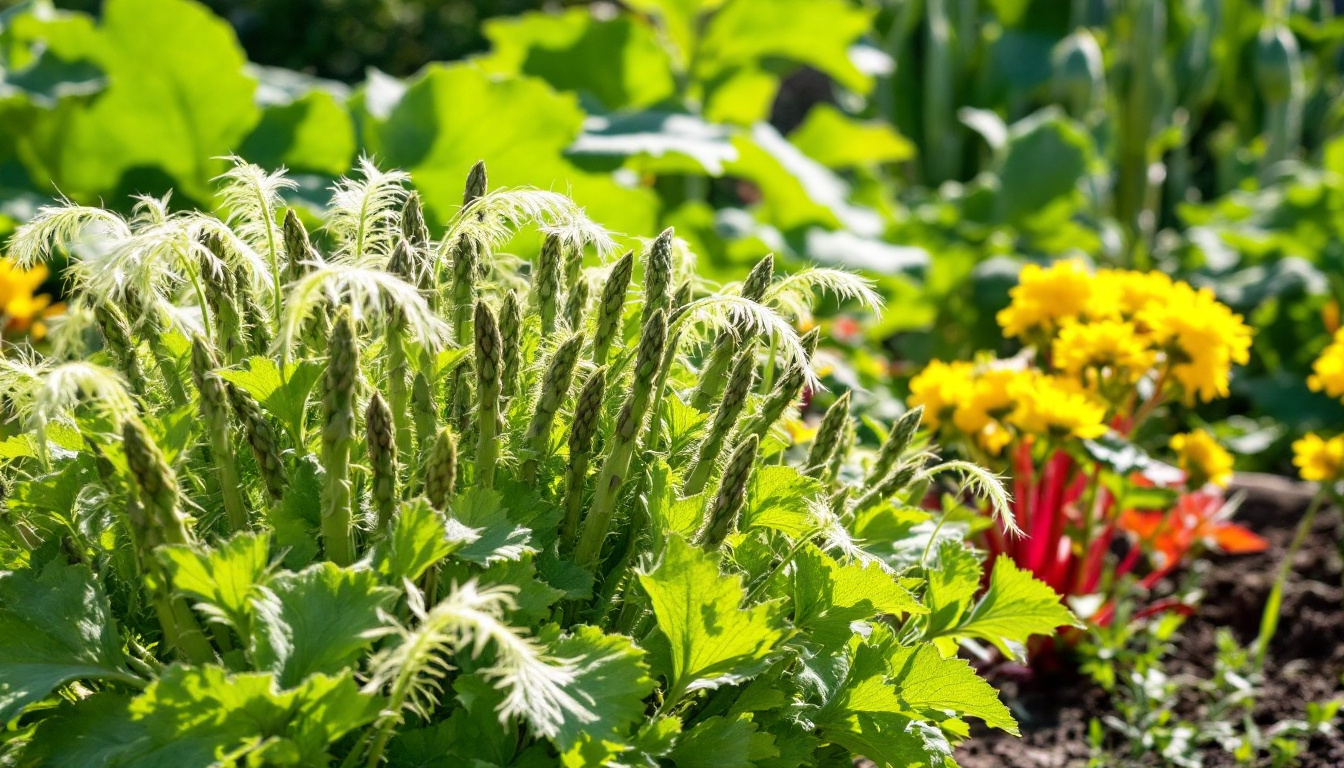 A vibrant and bountiful perennial vegetable garden, showcasing three prominent crops: asparagus, rhubarb, and Jerusalem artichokes. In the foreground, lush green asparagus spears rise from the soil, their delicate fronds swaying gently. Behind them, large, vibrant rhubarb plants display their broad leaves and thick, reddish-pink stalks. In the background, tall Jerusalem artichoke plants stand tall, their bright yellow flowers adding a splash of color to the scene. The garden is well-maintained, with neat rows and healthy-looking plants, bathed in warm sunlight that highlights the textures and colors of the vegetables.