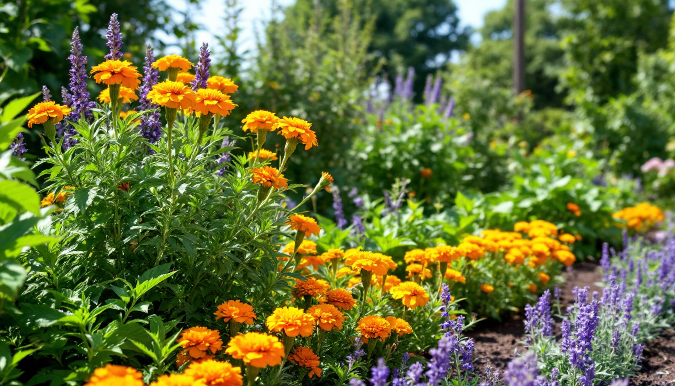 A vibrant zone 6 garden featuring a variety of pest-repelling plants: marigolds with bright orange and yellow flowers bordering vegetable patches, purple lavender bushes interspersed among leafy greens, and clumps of fragrant basil near tomato plants, all thriving under a sunny sky.
