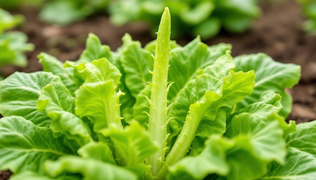 A close-up photograph of a lettuce plant in a garden, clearly showing signs of bolting. The central stalk is elongated and growing upwards, with some leaves appearing elongated and slightly pointed. The overall color of the lettuce is a mix of green and slightly yellowish hues, indicating stress. The background is blurred, with hints of other garden plants and soil. The lighting is bright, emphasizing the texture and details of the bolting lettuce.
