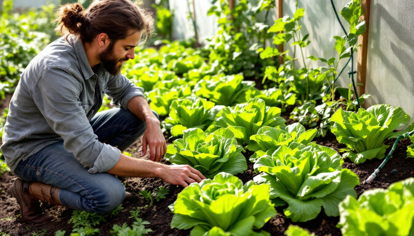 A gardener kneels in a lush vegetable garden, carefully examining rows of vibrant green lettuce plants. Sunlight filters through a partially shaded area, highlighting the textures of different lettuce varieties, including crisp Romaine and delicate Butterhead. The gardener’s hands gently touch the leaves, showcasing the attention to detail in selecting and nurturing the plants. Drip irrigation lines snake through the rows, ensuring consistent moisture. In the background, a thermometer displays a comfortable temperature range, emphasizing the importance of optimal growing conditions for preventing bolting.
