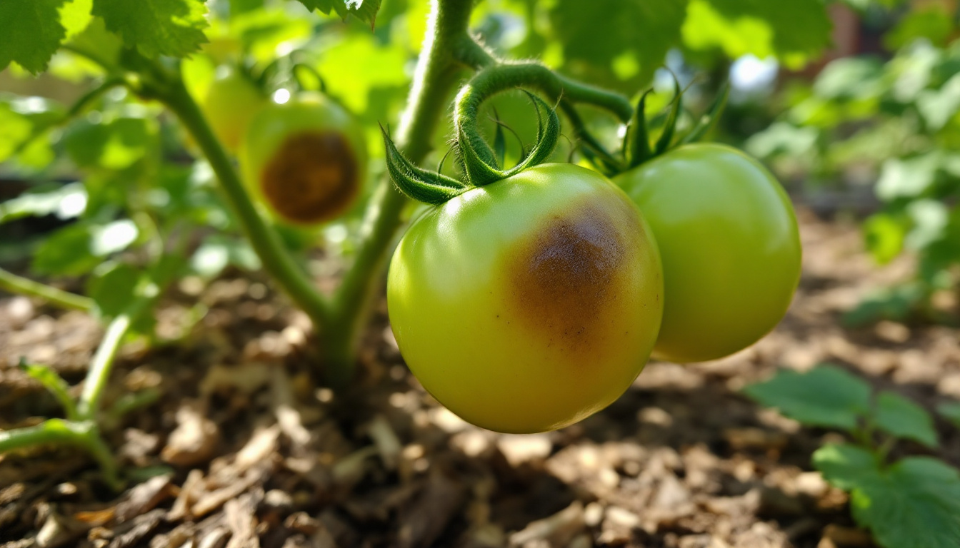 A close-up photograph of a tomato plant in a garden, with several green tomatoes growing on the vine. One tomato in the foreground exhibits a dark, sunken spot at its blossom end, illustrating blossom end rot. The surrounding soil is visible, with mulch scattered around the base of the plant. The background is slightly blurred, showing other plants and garden elements, with sunlight filtering through the leaves.
