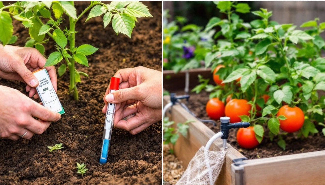 A split-screen illustration. On the left, a close-up of hands using a soil testing kit in a garden, with a tomato plant in the background. The soil is rich and dark. On the right, a drip irrigation system watering tomato plants in a raised garden bed, with ripe tomatoes visible.
